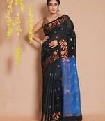 Black Blended Cotton Handwoven Saree With Zari Woven Floral Motifs And Designs