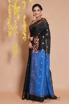 Black Blended Cotton Handwoven Saree With Zari Woven Floral Motifs And Designs
