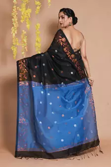 Black Blended Cotton Handwoven Saree With Zari Woven Floral Motifs And Designs