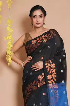 Black Blended Cotton Handwoven Saree With Zari Woven Floral Motifs And Designs