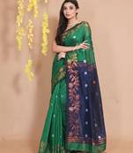 Green Blended Cotton Handwoven Saree With Zari Woven Floral Motifs And Designs