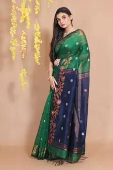 Green Blended Cotton Handwoven Saree With Zari Woven Floral Motifs And Designs