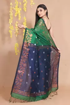 Green Blended Cotton Handwoven Saree With Zari Woven Floral Motifs And Designs