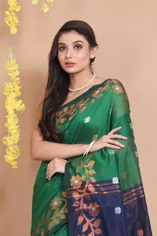 Green Blended Cotton Handwoven Saree With Zari Woven Floral Motifs And Designs