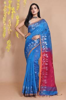 Sapphire Blue Blended Cotton Handwoven Saree With Zari Motifs And Floral Borders