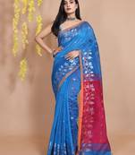 Sapphire Blue Blended Cotton Handwoven Saree With Zari Motifs And Floral Borders