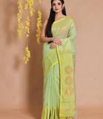 Mint Green Cotton Handspun Saree With Zari Woven Designs And Motifs