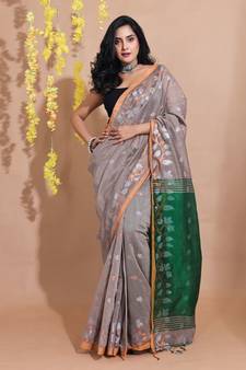 Grey Blended Cotton Handwoven Saree With Zari Motifs And Floral Borders