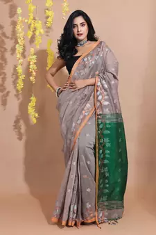 Grey Blended Cotton Handwoven Saree With Zari Motifs And Floral Borders