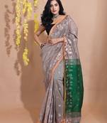 Grey Blended Cotton Handwoven Saree With Zari Motifs And Floral Borders