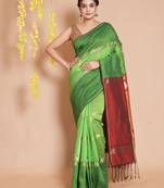 Light Green Blended Cotton Handwoven Checkered Saree With Zari Woven Designs