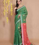 Green Tissue Handwoven Saree With Dual Borders And Round Zari Motifs