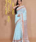 Ice Blue Cotton Handspun Saree With Ethnic Motifs And Woven Pallu