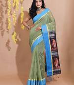 Asparagus Green Cotton Handspun Saree With Ethnic Motifs And Paisley Designs