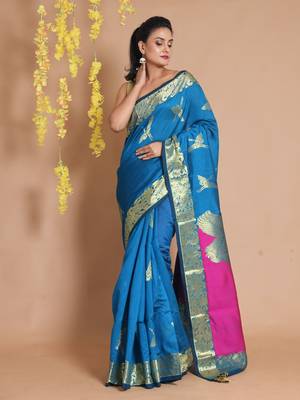 Sapphire Blue Blended Cotton Handwoven Saree With Zari Woven Bird Designs 1