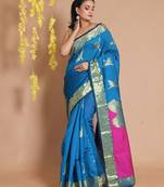 Sapphire Blue Blended Cotton Handwoven Saree With Zari Woven Bird Designs