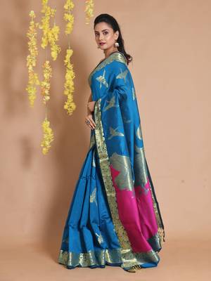 Sapphire Blue Blended Cotton Handwoven Saree With Zari Woven Bird Designs 2