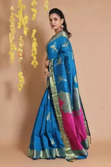 Sapphire Blue Blended Cotton Handwoven Saree With Zari Woven Bird Designs