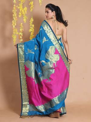 Sapphire Blue Blended Cotton Handwoven Saree With Zari Woven Bird Designs 3