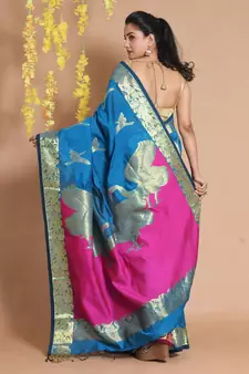 Sapphire Blue Blended Cotton Handwoven Saree With Zari Woven Bird Designs
