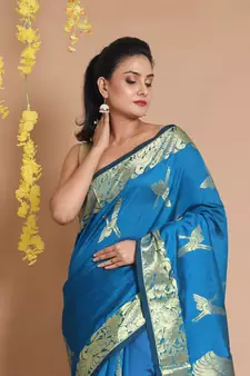 Sapphire Blue Blended Cotton Handwoven Saree With Zari Woven Bird Designs