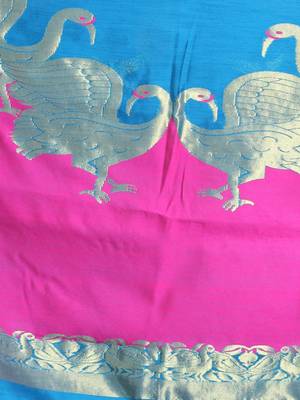 Sapphire Blue Blended Cotton Handwoven Saree With Zari Woven Bird Designs 6