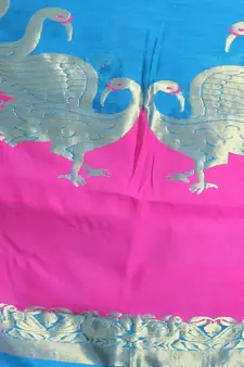 Sapphire Blue Blended Cotton Handwoven Saree With Zari Woven Bird Designs