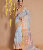 Cloud Grey Cotton Handspun Saree With Zari Woven Designs And Motifs