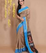 Beige Cotton Handspun Saree With Ethnic Motifs And Paisley Designs