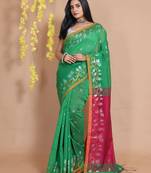 Green Blended Cotton Handwoven Saree With Zari Motifs And Floral Borders