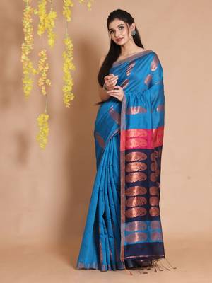 Sapphire Blue Blended Cotton Handwoven Saree With Woven Zari Paisley Designs 1