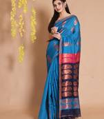 Sapphire Blue Blended Cotton Handwoven Saree With Woven Zari Paisley Designs