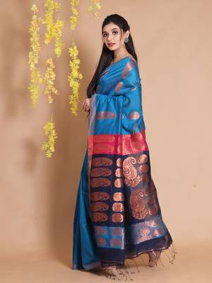 Sapphire Blue Blended Cotton Handwoven Saree With Woven Zari Paisley Designs 2