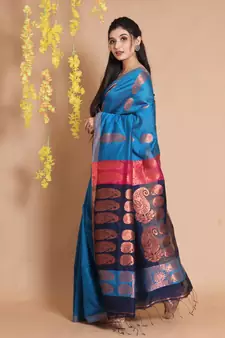 Sapphire Blue Blended Cotton Handwoven Saree With Woven Zari Paisley Designs