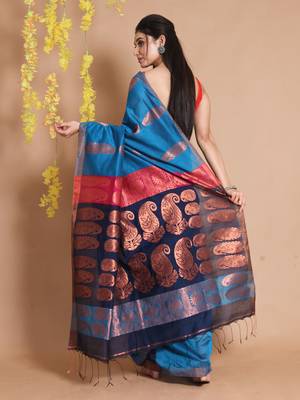 Sapphire Blue Blended Cotton Handwoven Saree With Woven Zari Paisley Designs 3