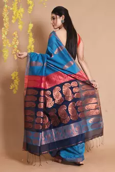 Sapphire Blue Blended Cotton Handwoven Saree With Woven Zari Paisley Designs