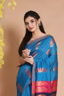 Sapphire Blue Blended Cotton Handwoven Saree With Woven Zari Paisley Designs