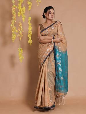 Tortilla Brown Cotton Handspun Saree With Paisley Motifs And Foliage Zari Pallu 1