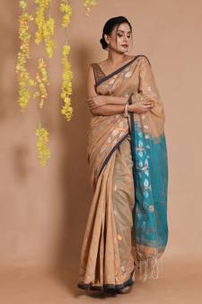 Tortilla Brown Cotton Handspun Saree With Paisley Motifs And Foliage Zari Pallu