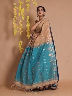 Tortilla Brown Cotton Handspun Saree With Paisley Motifs And Foliage Zari Pallu 2
