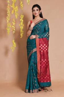 Teal Blended Cotton Handwoven Saree With Floral Zari Motifs And Striped Pallu
