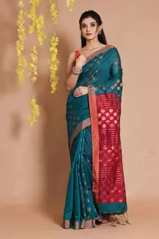 Teal Blended Cotton Handwoven Saree With Floral Zari Motifs And Striped Pallu