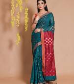Teal Blended Cotton Handwoven Saree With Floral Zari Motifs And Striped Pallu