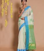 Off White Tissue Handwoven Saree With Woven Motifs And Green Pallu