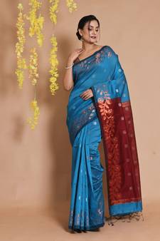 Cerulean Blue Blended Cotton Handwoven Saree With Zari Woven Floral Motifs And Designs
