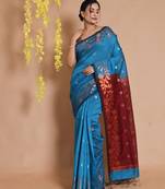 Cerulean Blue Blended Cotton Handwoven Saree With Zari Woven Floral Motifs And Designs