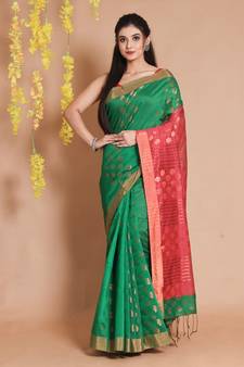 Green Blended Cotton Handwoven Saree With Floral Zari Motifs And Striped Pallu