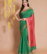 Green Blended Cotton Handwoven Saree With Floral Zari Motifs And Striped Pallu