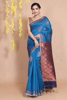 Sapphire Blue Blended Cotton Handwoven Saree With Zari Woven Motifs And Designs