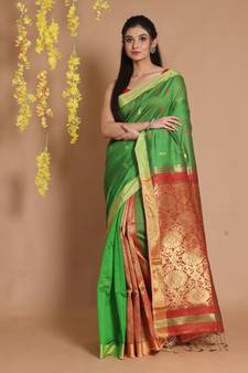 Green Blended Cotton Handwoven Patli Pallu Saree With Paisley Motifs And Zari Pallu
